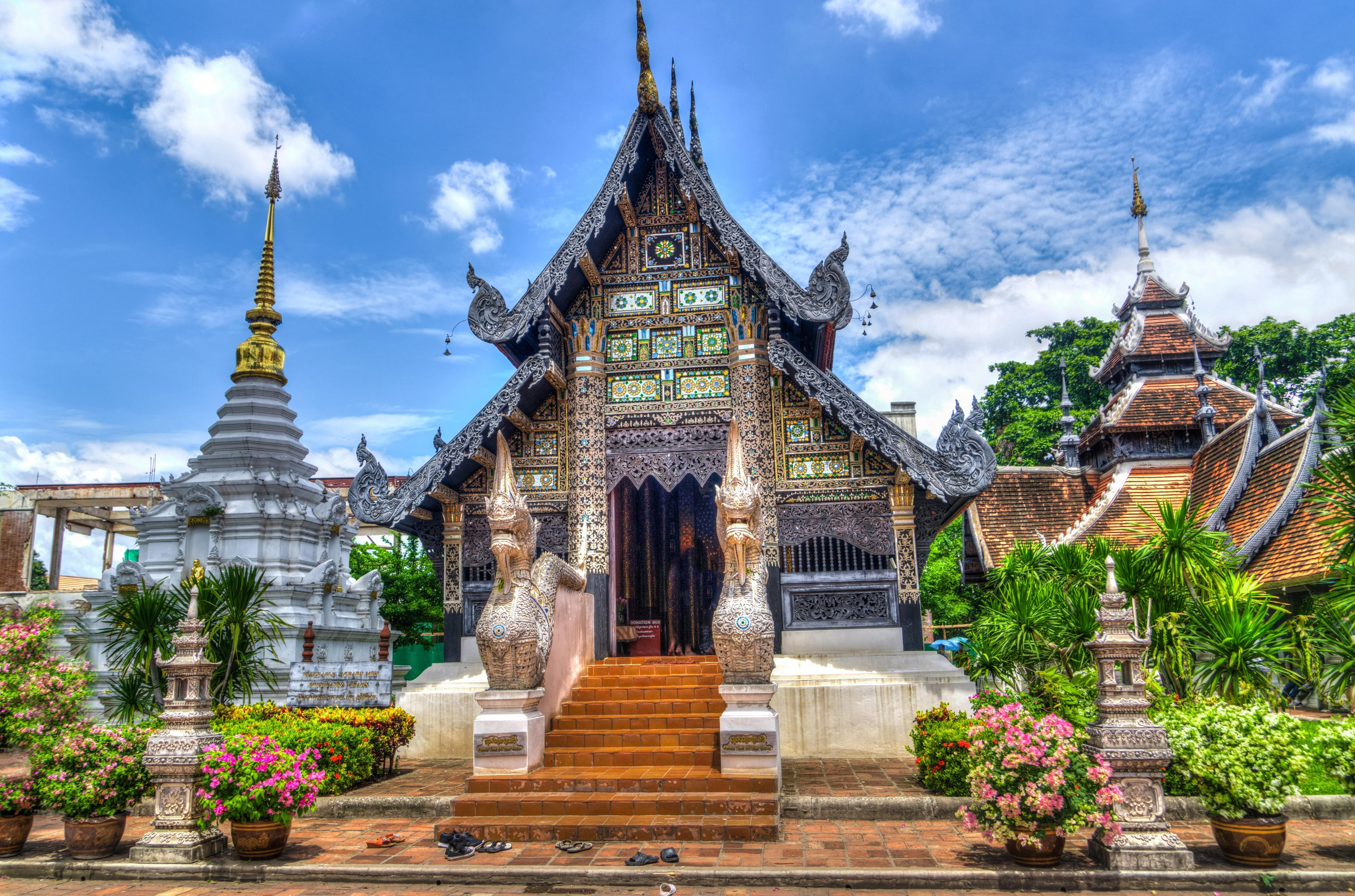 チェンマイ寺院, タイ, 花, 壁紙ダウンロード