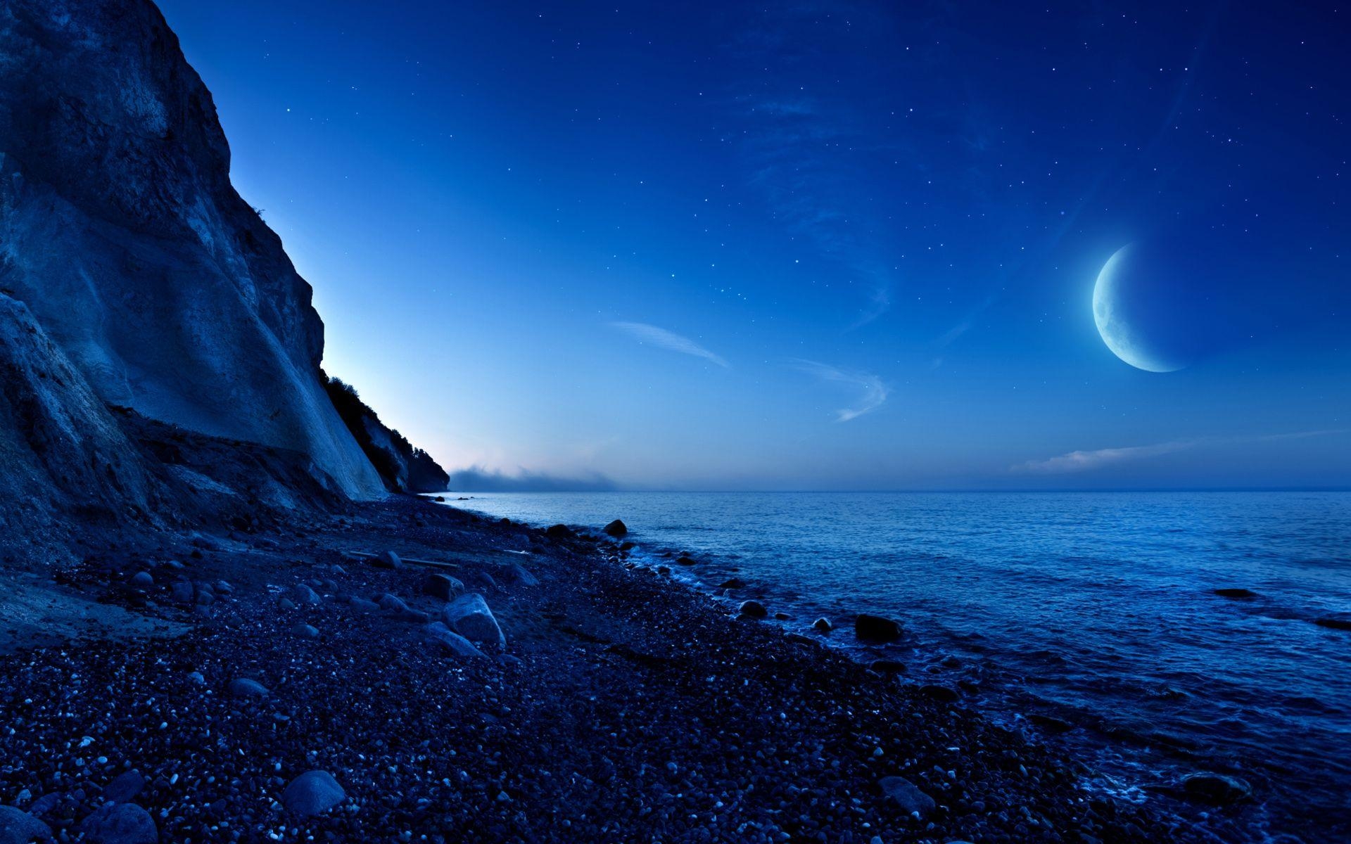 夕日, 山, 海, 月壁紙