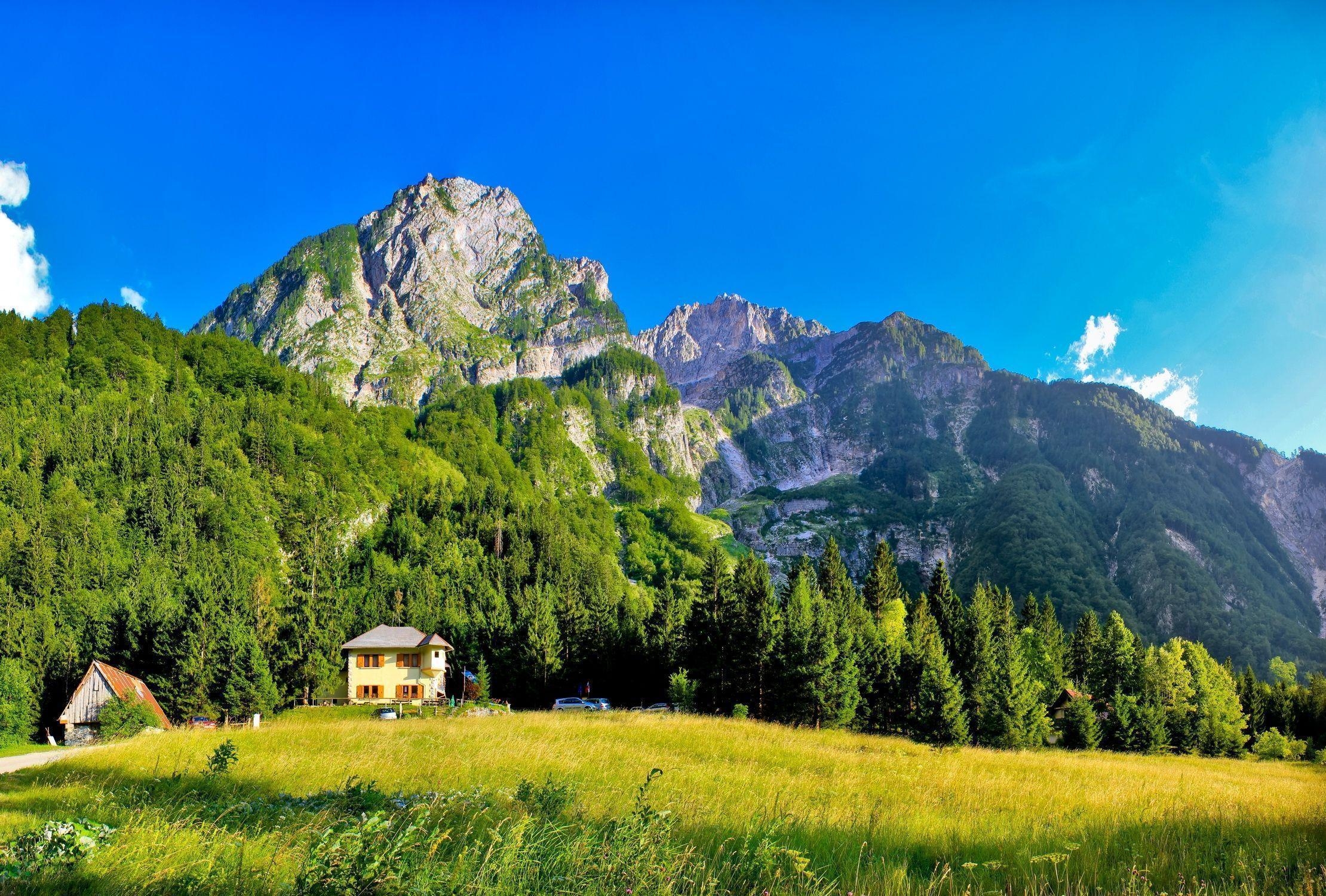 山、ロッジ、影、風景