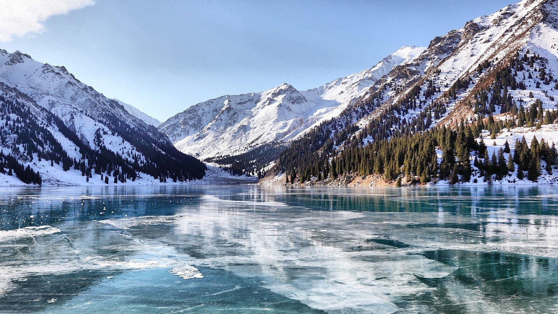 氷の湖, カザフスタン, 冬景色, 山