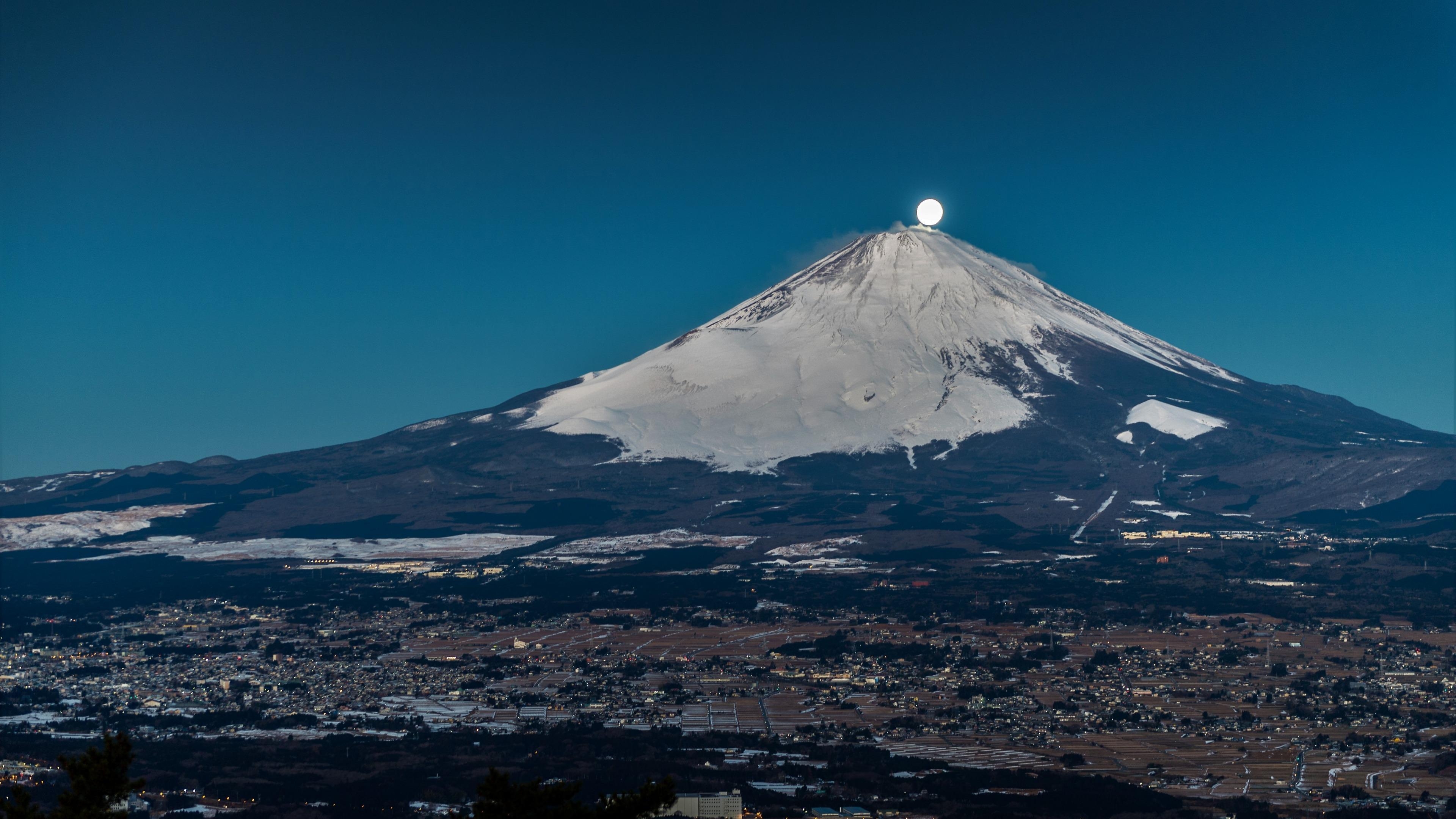 富士山, 満月, 4K UltraHD, 壁紙