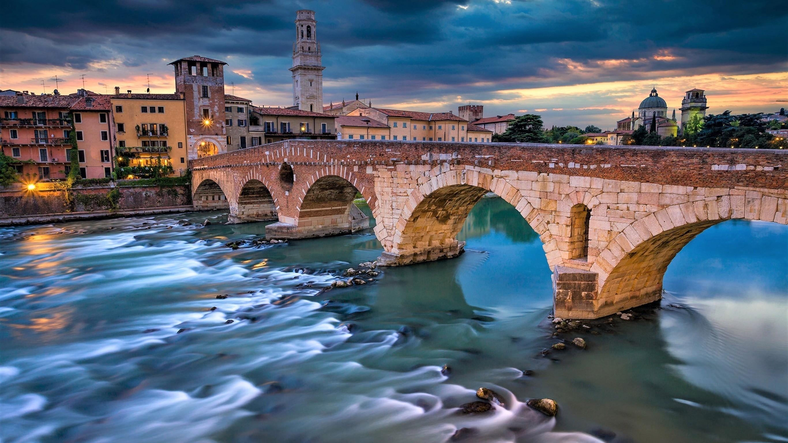 ダウンロード, イタリア, ベローナ橋, 暗い雲, 建築