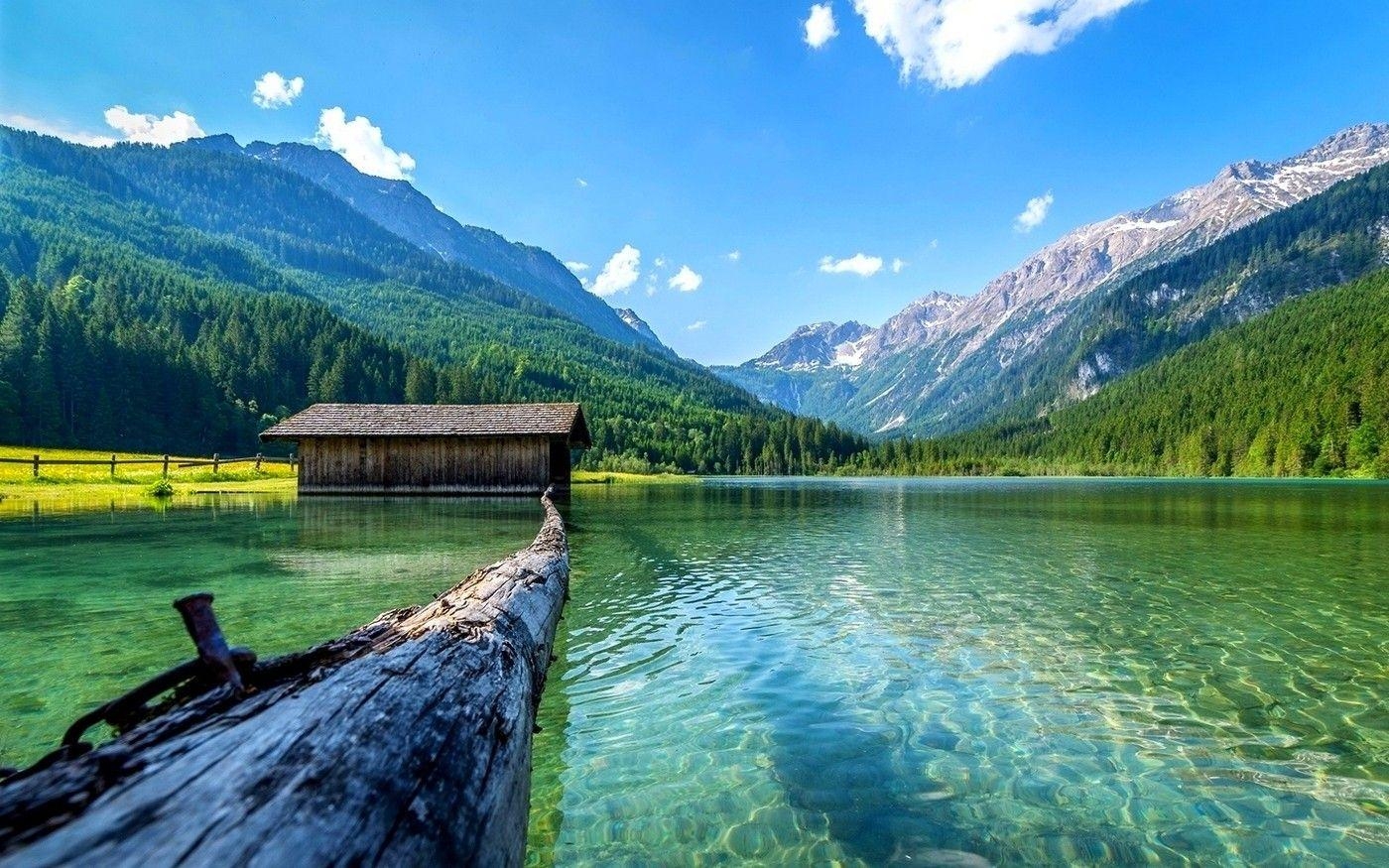 湖, ボートハウス, 山の風景, 自然