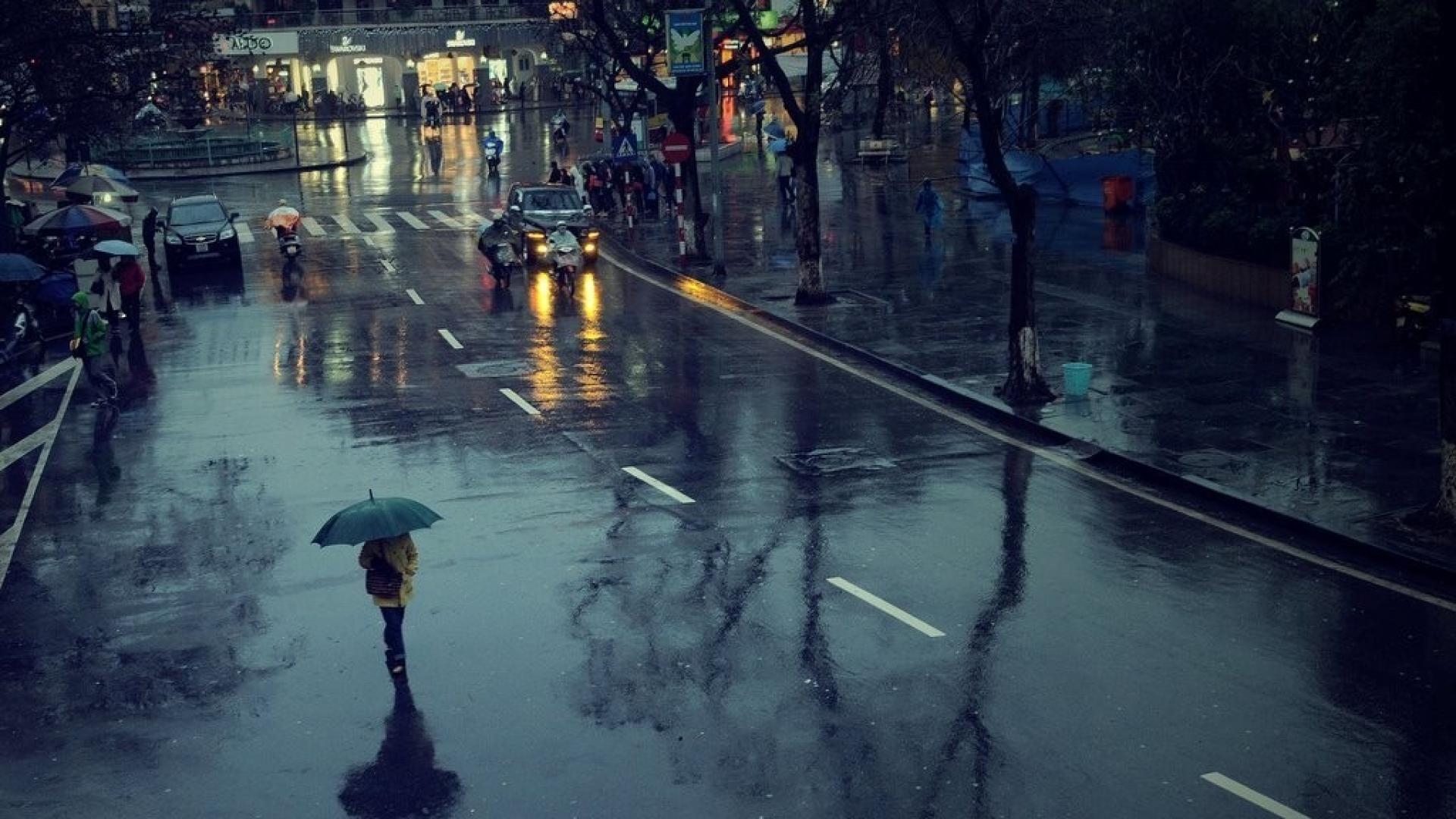 ハノイ, 市街地, 雨, オートバイ, 車通り