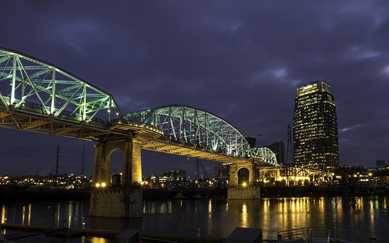 ナッシュビル夜景, テネシー橋, 川景色, 車道, 夜景壁紙