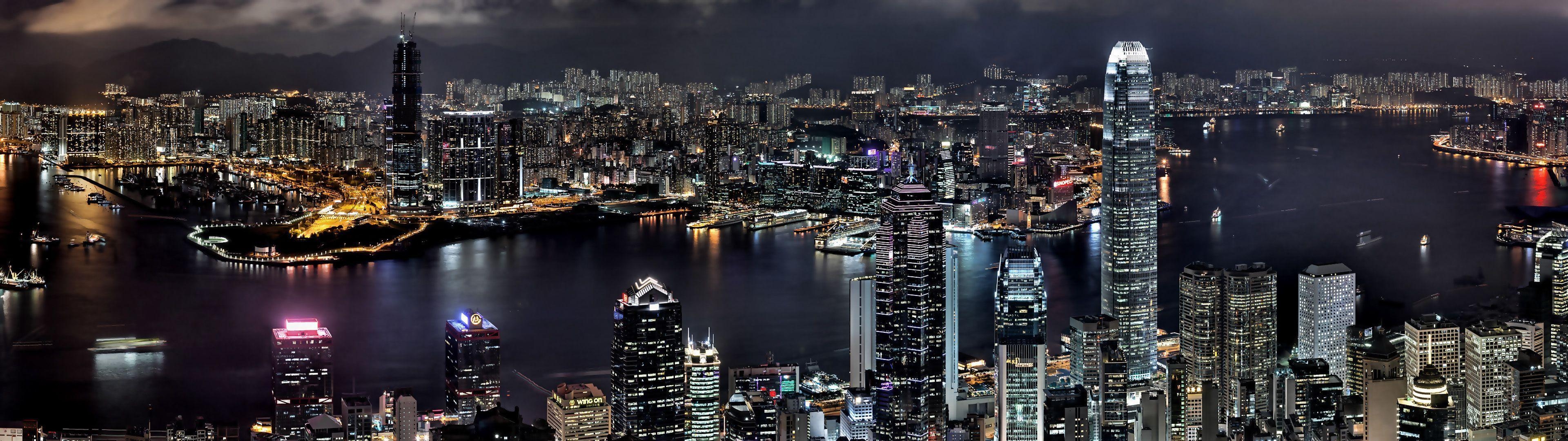 夜景, 建物, 香港, 3840x1080 壁紙