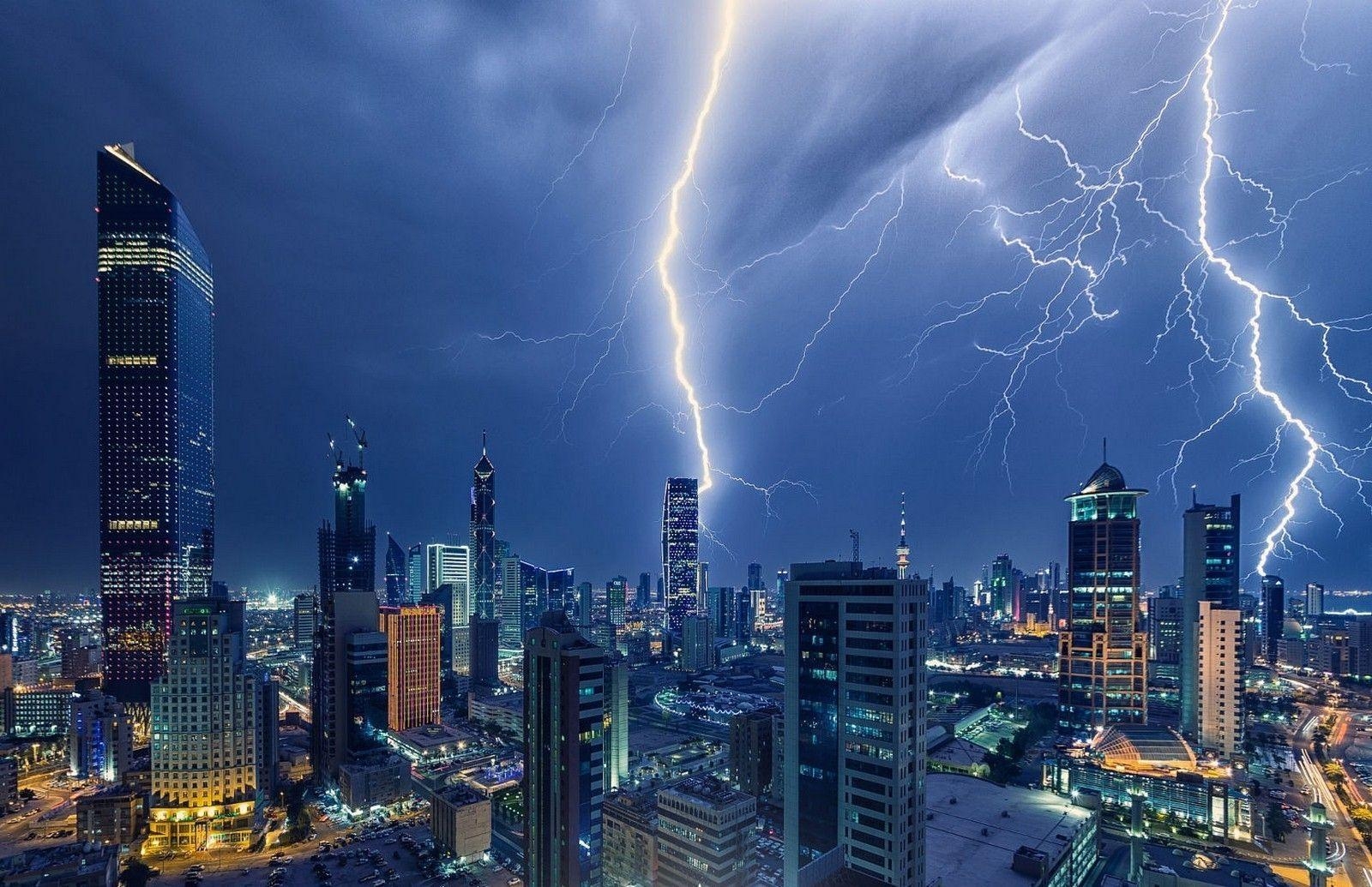 クウェート, 風景写真, 雷嵐, 建築, 高層ビル