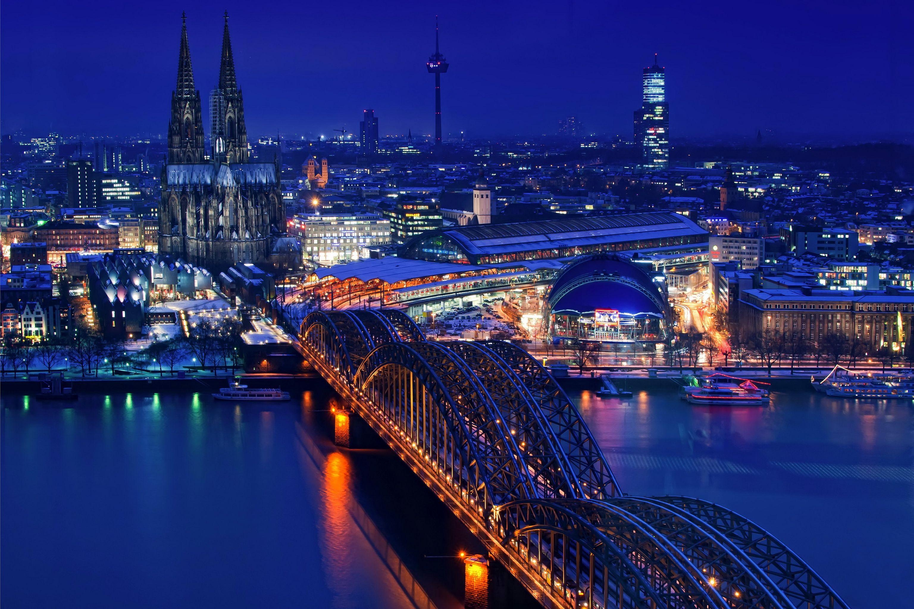 ケルン, 夜景, ドイツの橋, 川の都市