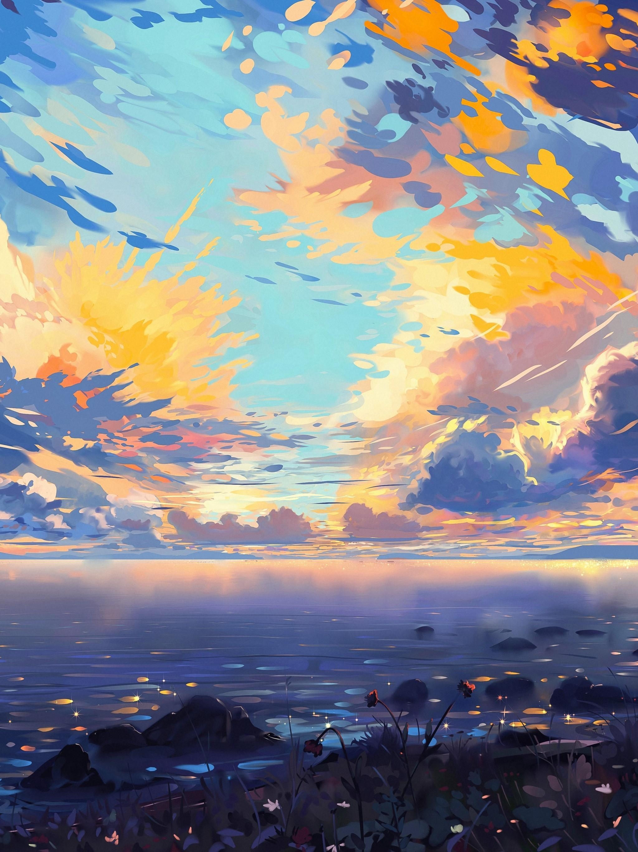アニメ風景, 海の壁紙, カラフルな雲, 船画像
