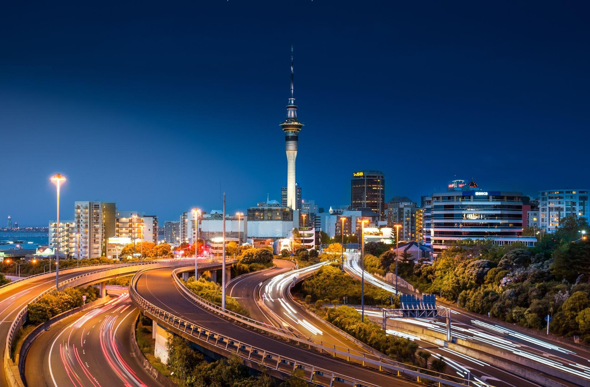 オークランドの道, 夜の都市, ニュージーランド, 空と壁紙