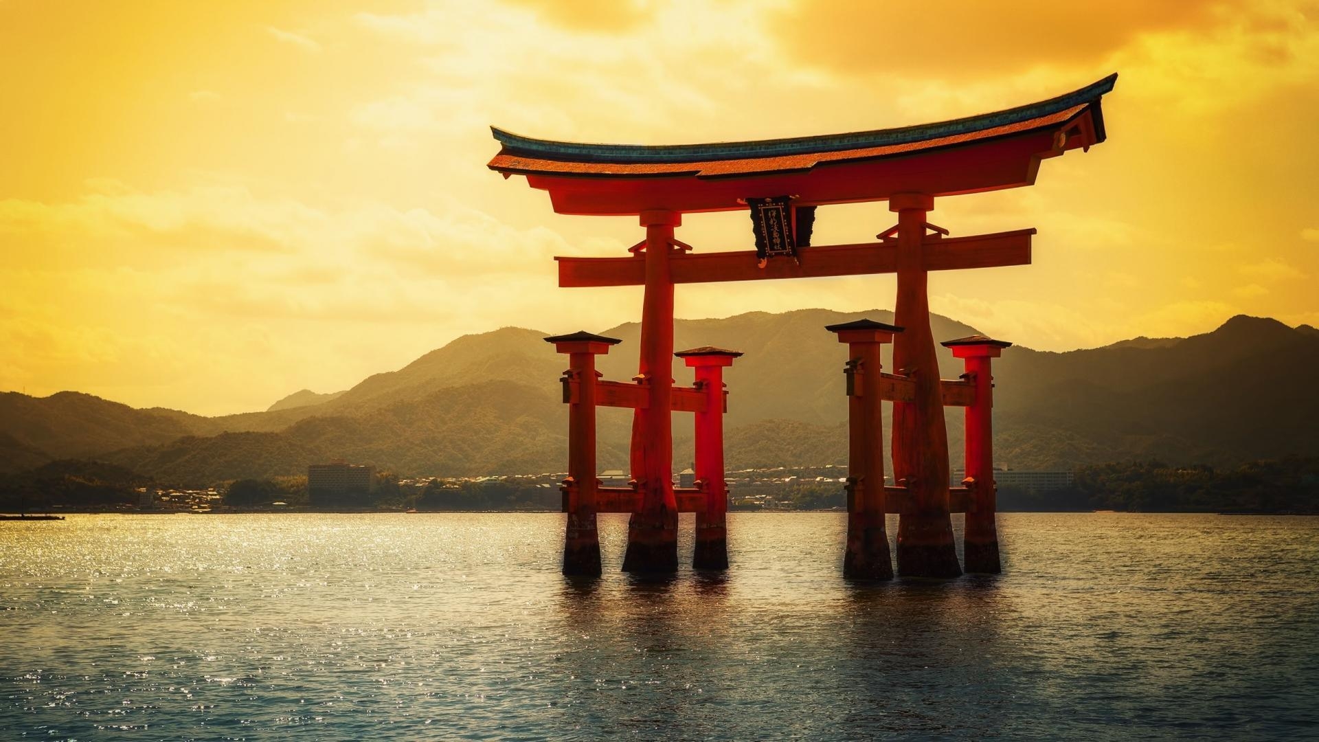 日差し, 海景, 鳥居, 厳島神社