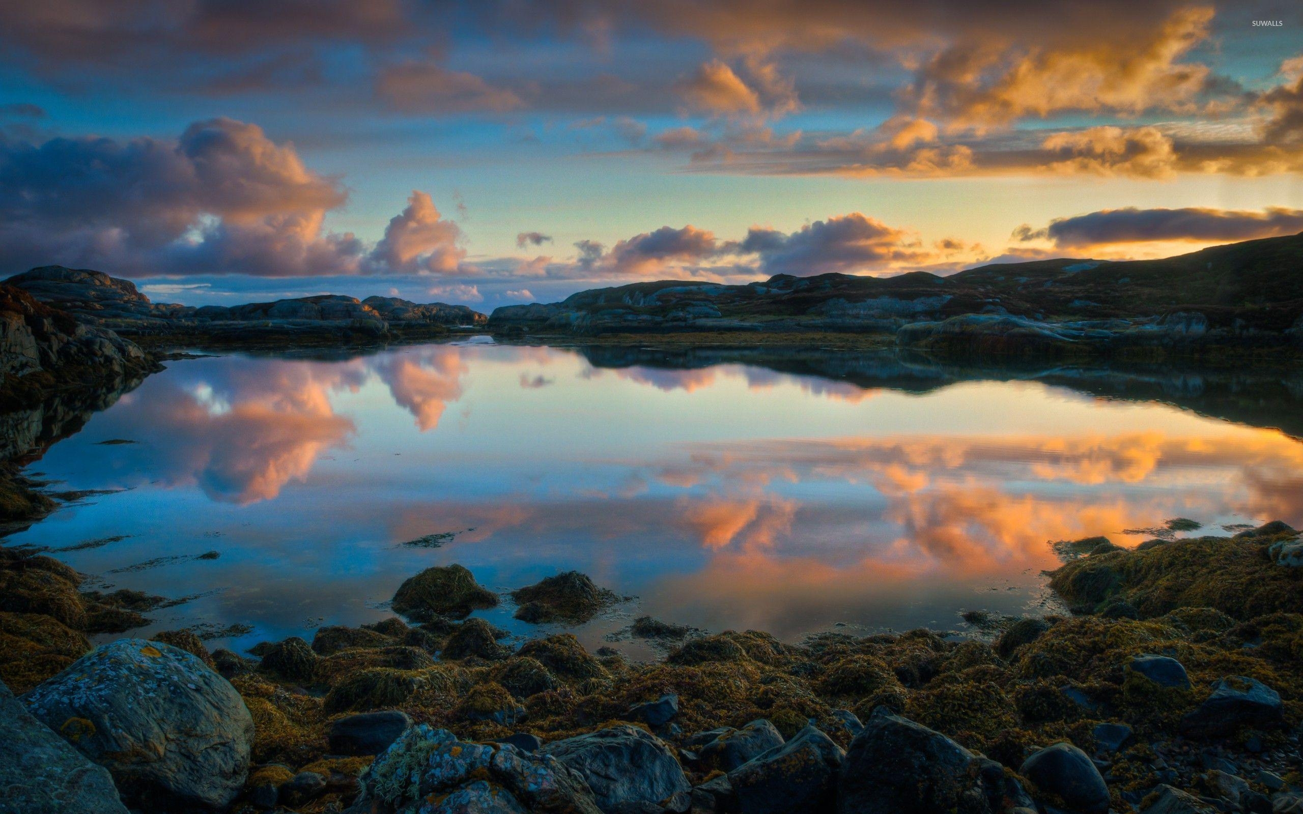 湖, 夕暮れ空反映, ノルウェー, 壁紙