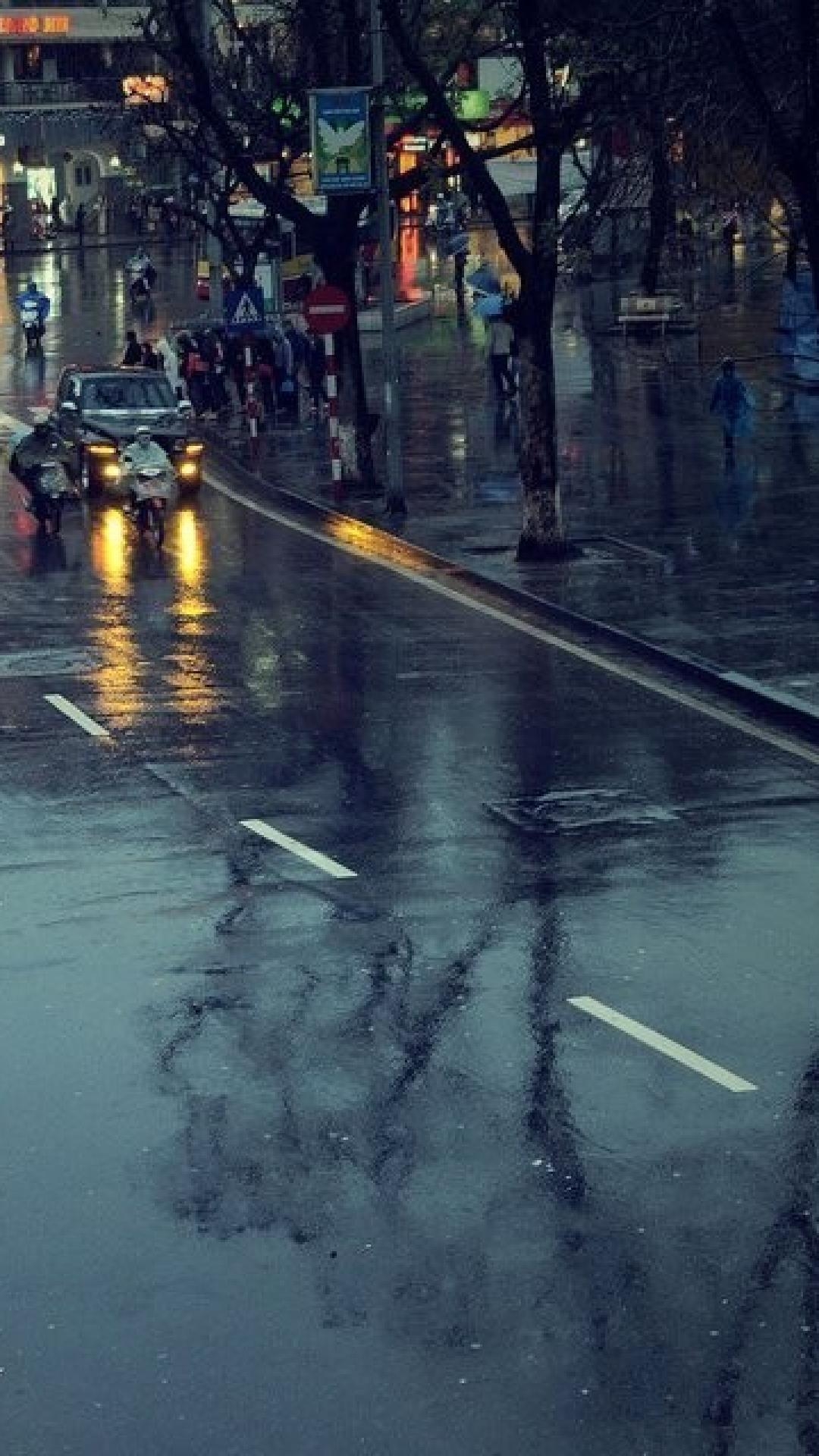 ハノイ, 市街地, 雨の道, オートバイ, ベトナム