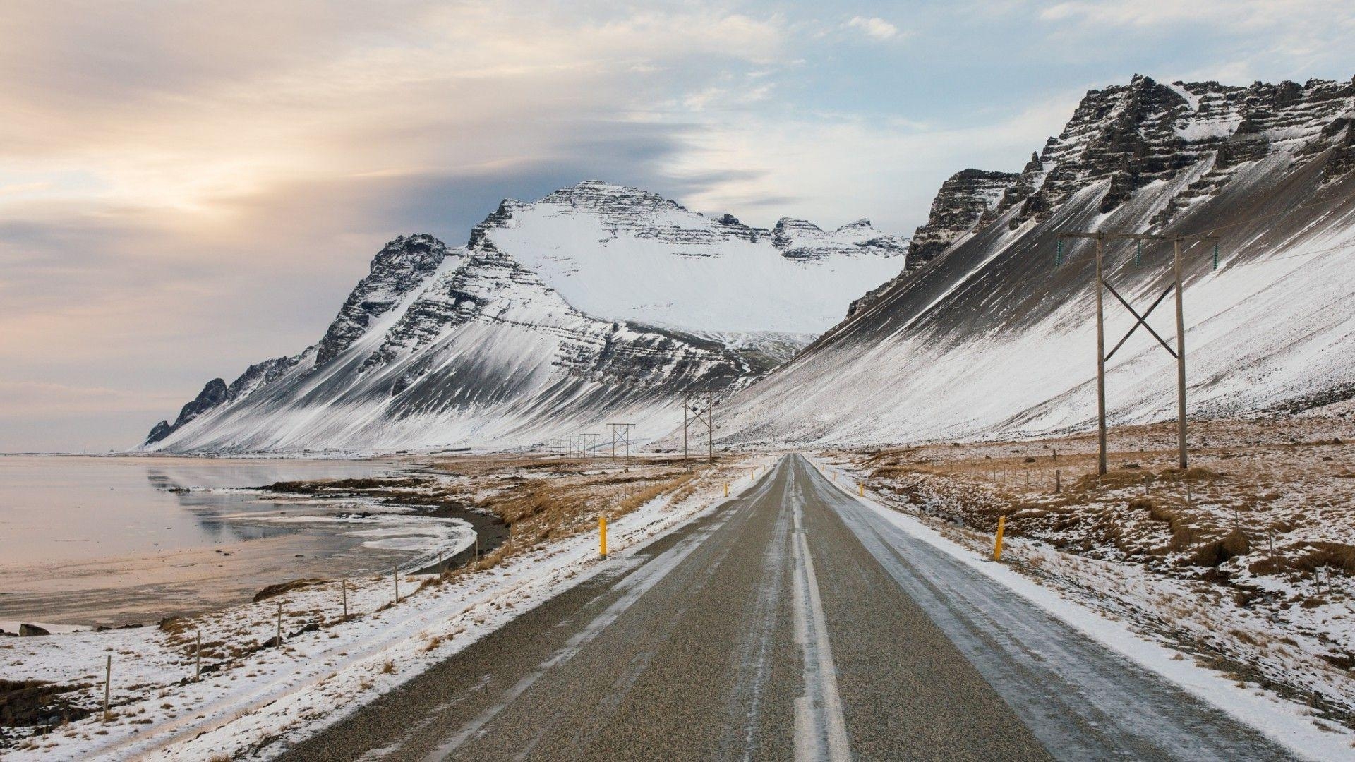 自然風景, 冬の山々, 雪のピーク, 冬道路