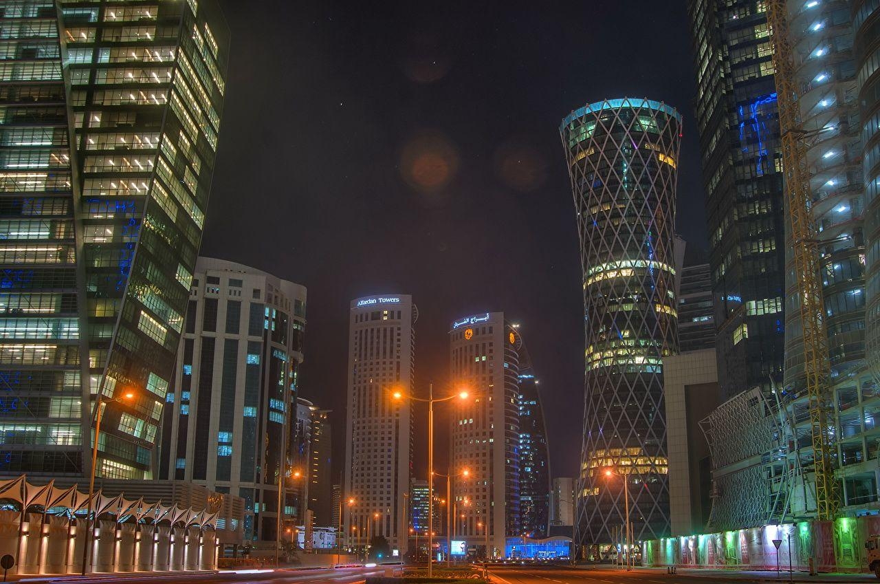 ドーハ, 街路, 夜景, 超高層ビル