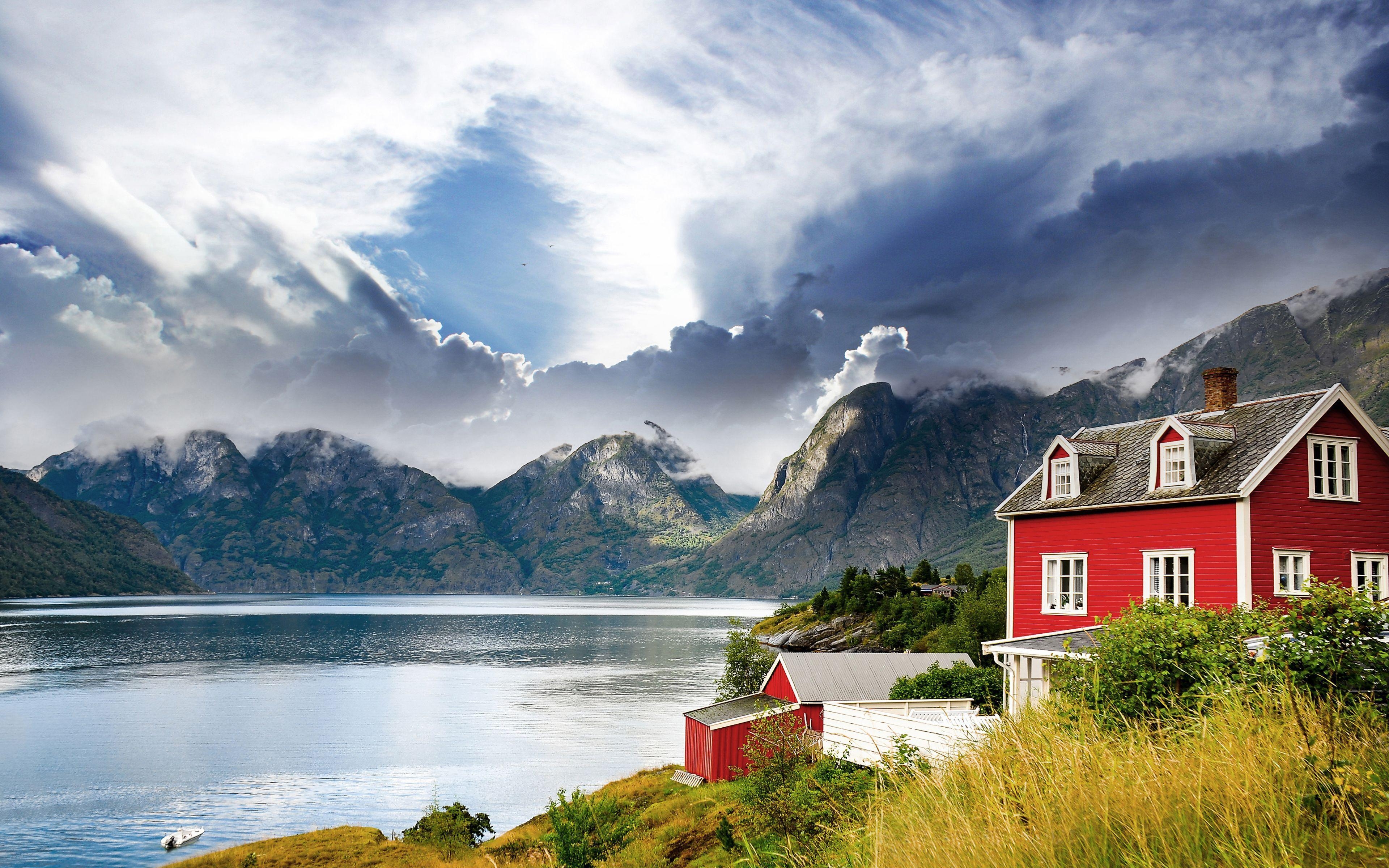 山背景, 美しい家, ノルウェー, 壁紙