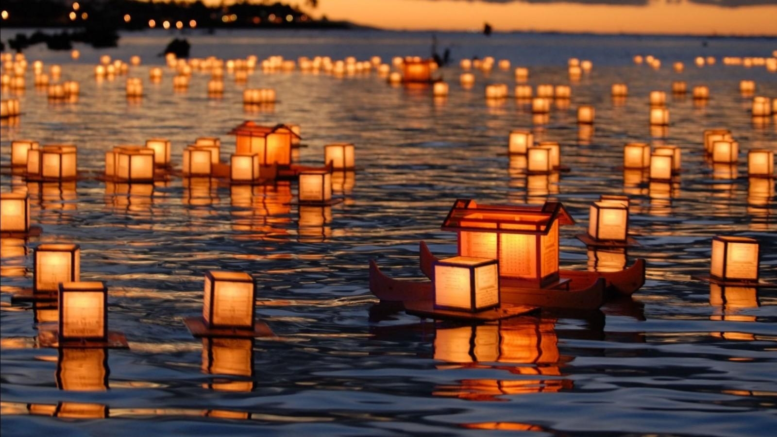 紙ランタン, 灯篭流し, HD壁紙, 夜空の美