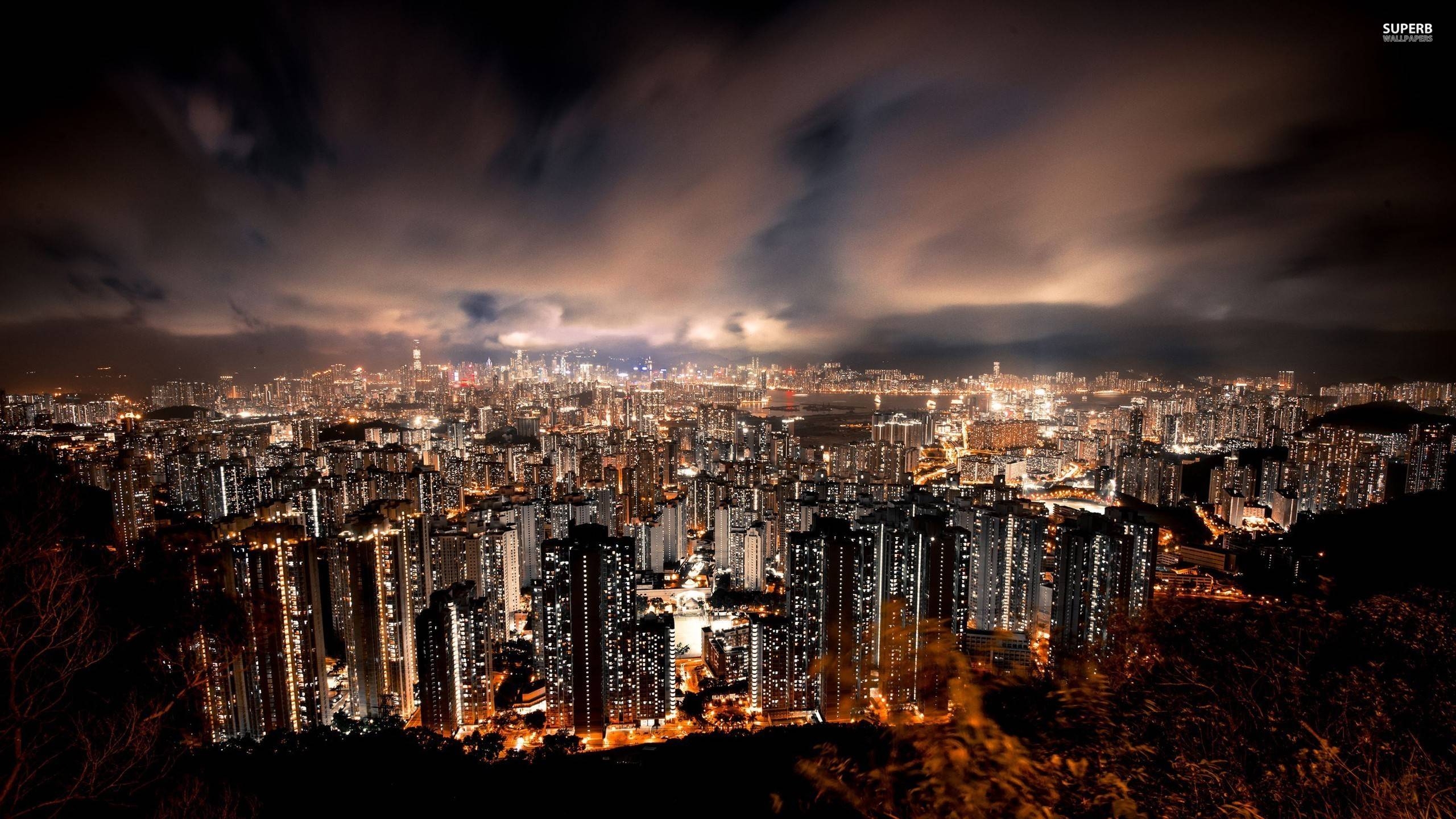 香港夜景, 2560x1440, 夜の都市, 視覚効果