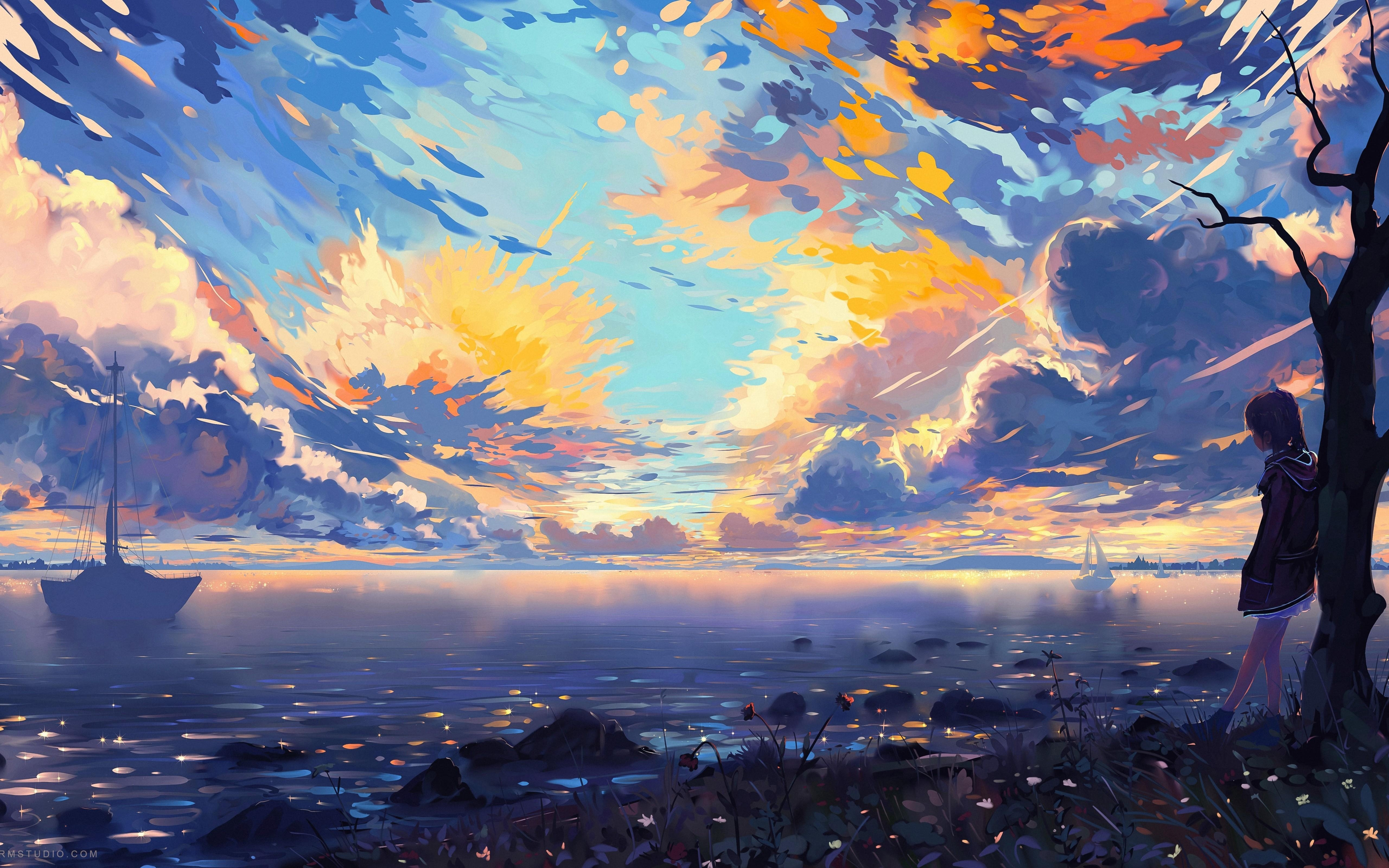 アニメ風景, 海洋, カラフル雲, 5120x3200