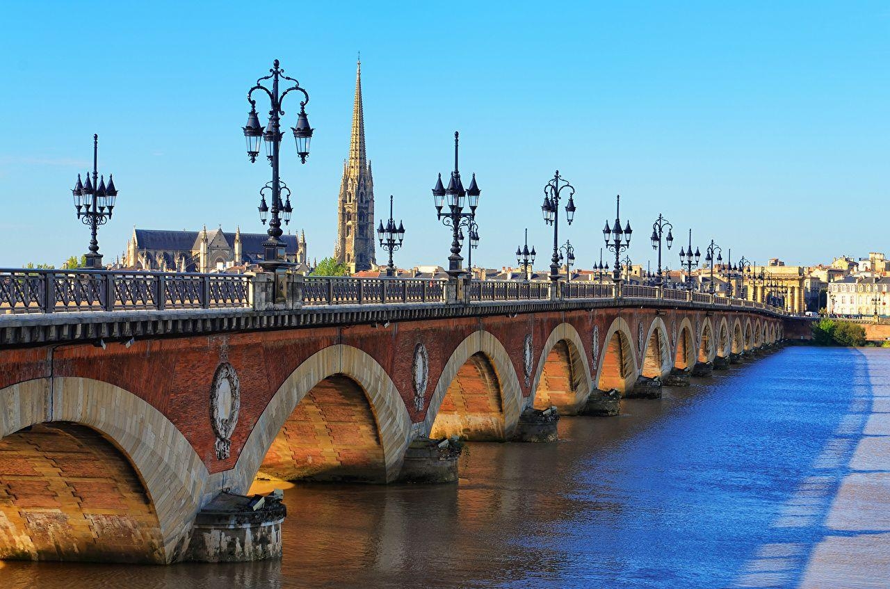 フランス, ボルドー, 橋, 川, 街灯, 都市