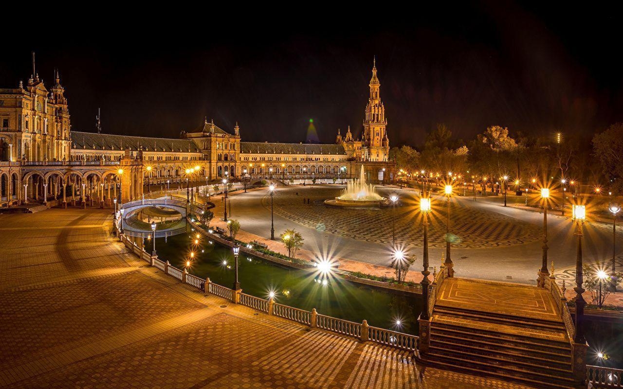 セビリア、スペイン、街灯、夜景