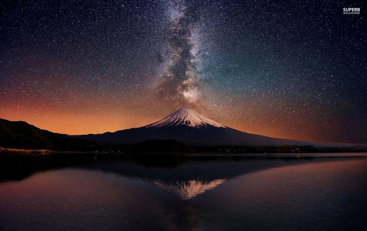 富士山, 星, 海, 夜景, 壁紙